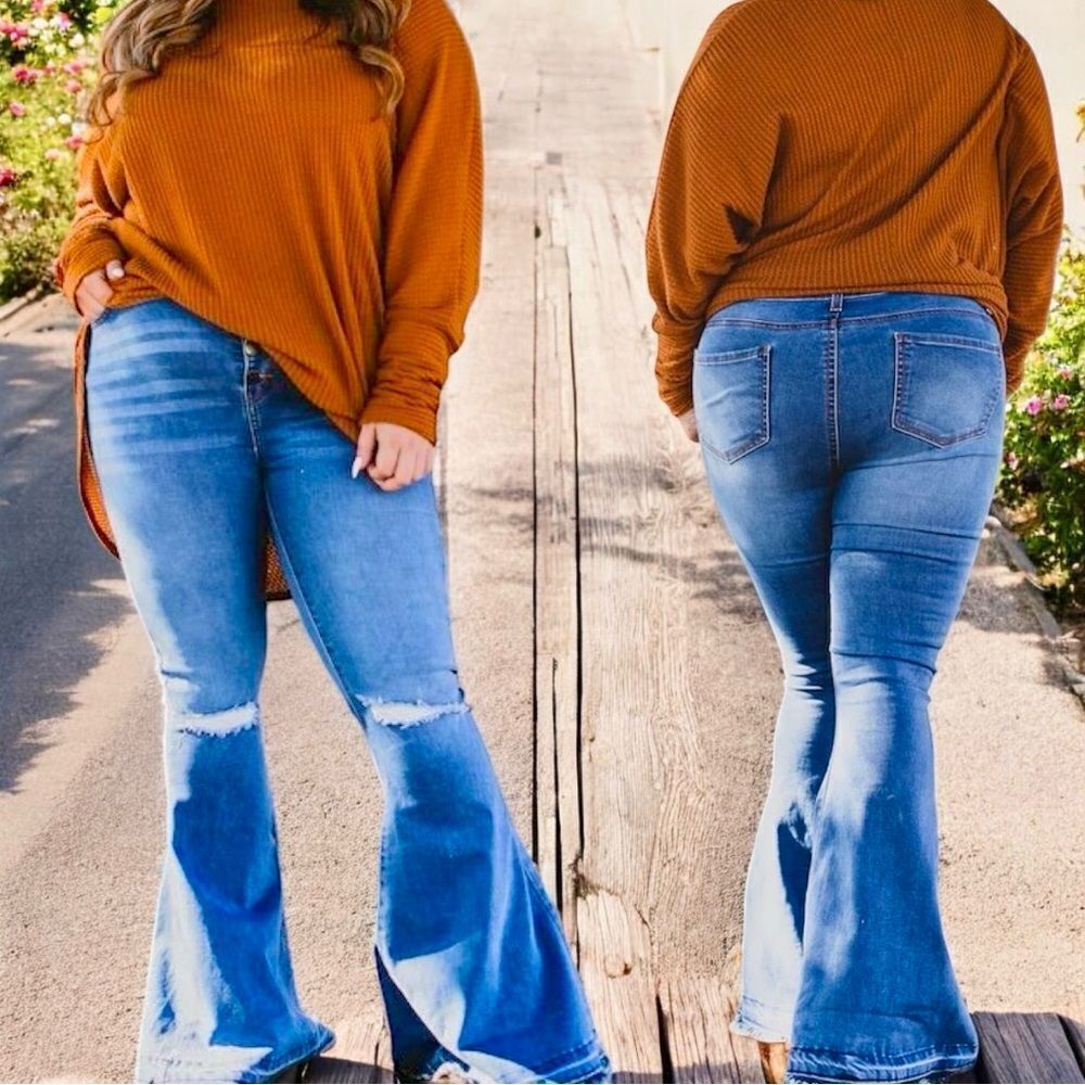 Button Fly High Rise Flare Jeans | Distressed Raw Hem | Mid Wash | NWT | L&B 16